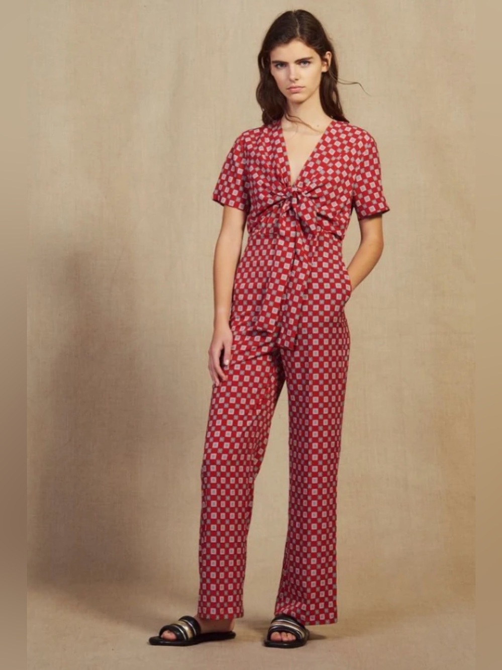 SANDRO Women's Printed Flowing Jumpsuit in Red Medalion Size 36